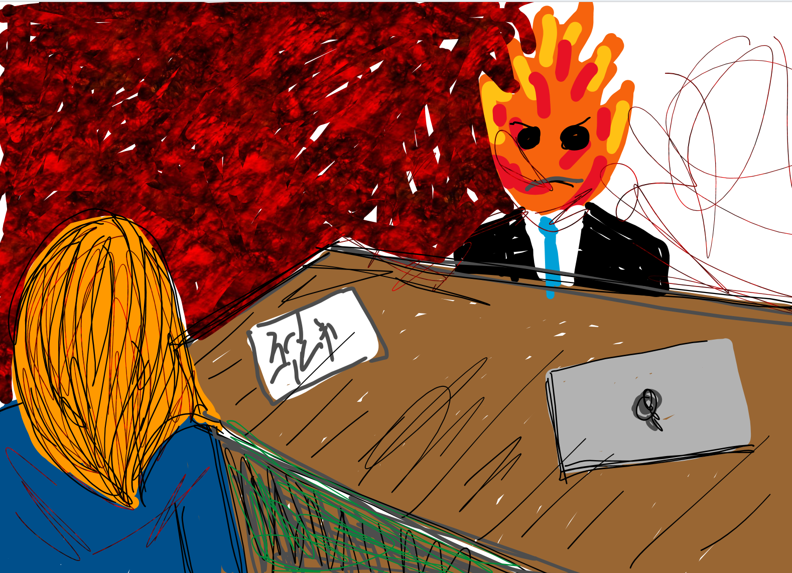 An abstract scene of an interview, featuring a person with orange hair and a flame-headed figure in a suit, against a red chaotic background.