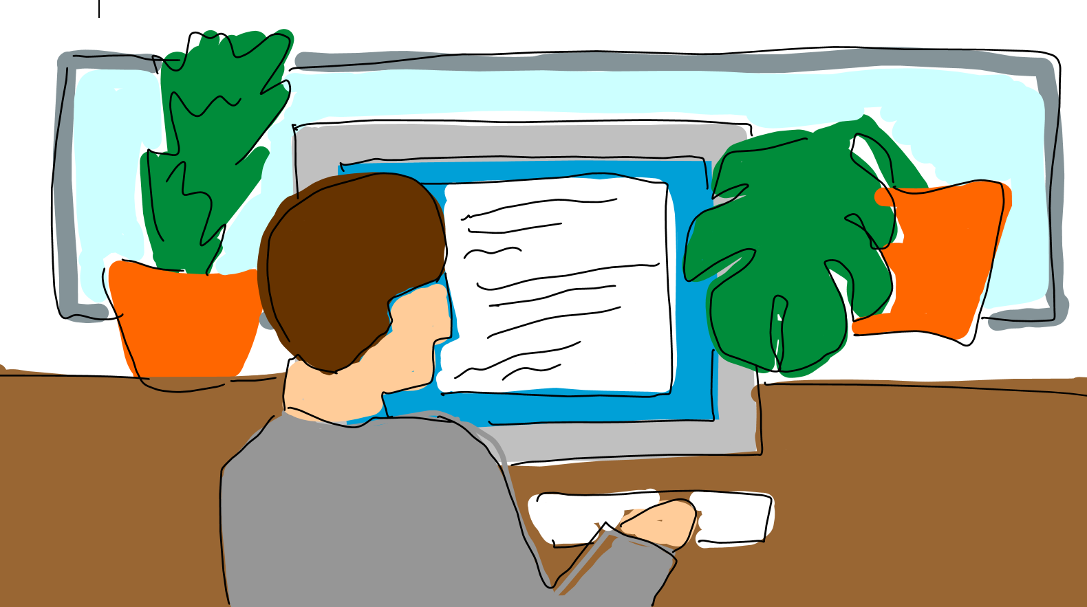 A person is sitting at a desk, facing a computer monitor. The monitor displays a document with text. There are two potted plants on either side of the monitor, one with large leaves on the right and one with smaller leaves on the left. The person is using a keyboard and mouse.