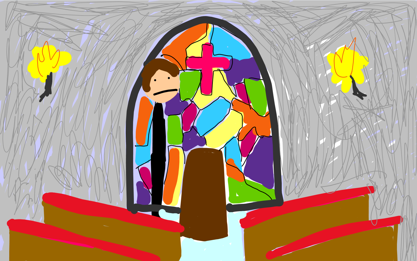 childish colorful mosaic drawing of confused priest holing a mass